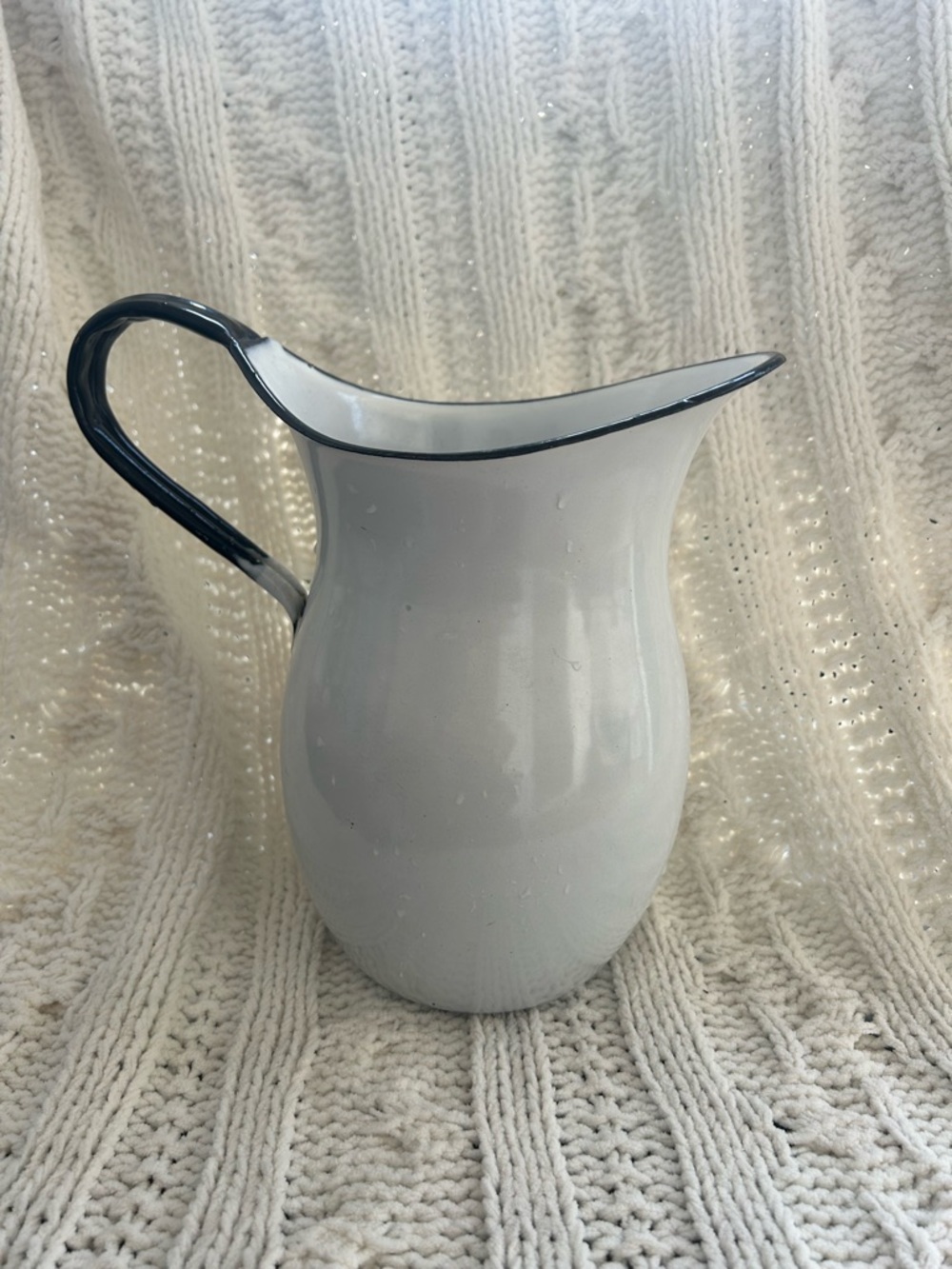 Vintage White Enamel Pitcher with Black Trim